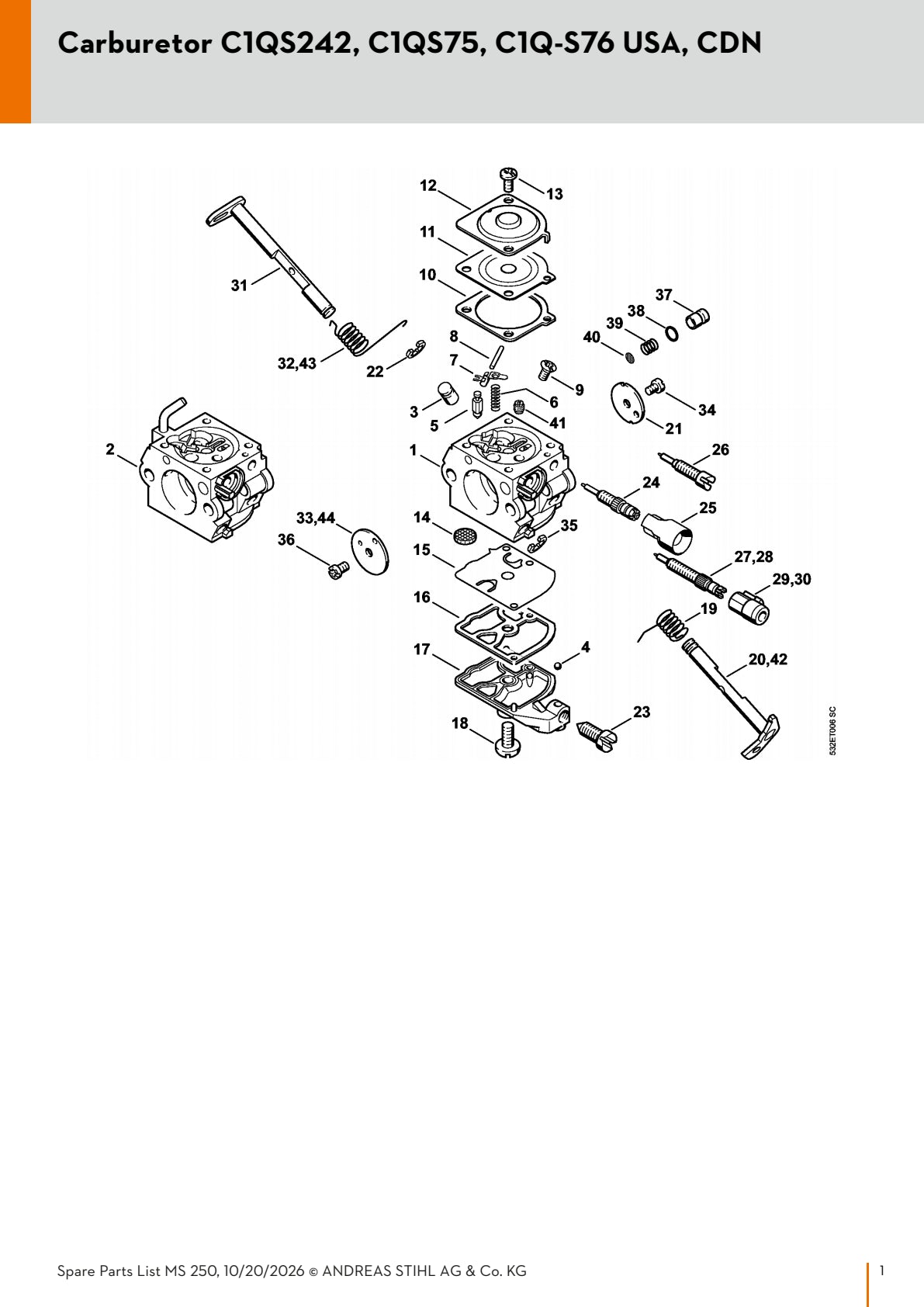 Stihl Carburetor Assembly 1123 120 0629 | for MS 250 Chainsaw
