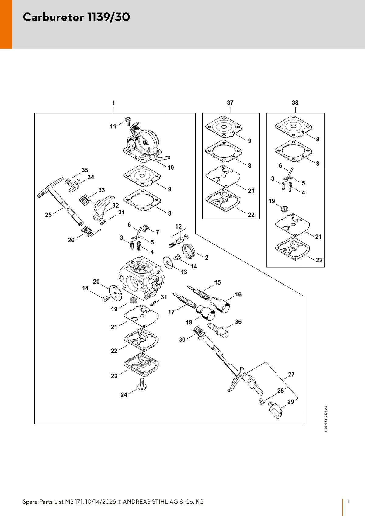 Stihl Carburetor Assembly 1139/30 | 1139 120 0630 | For MS 171 only