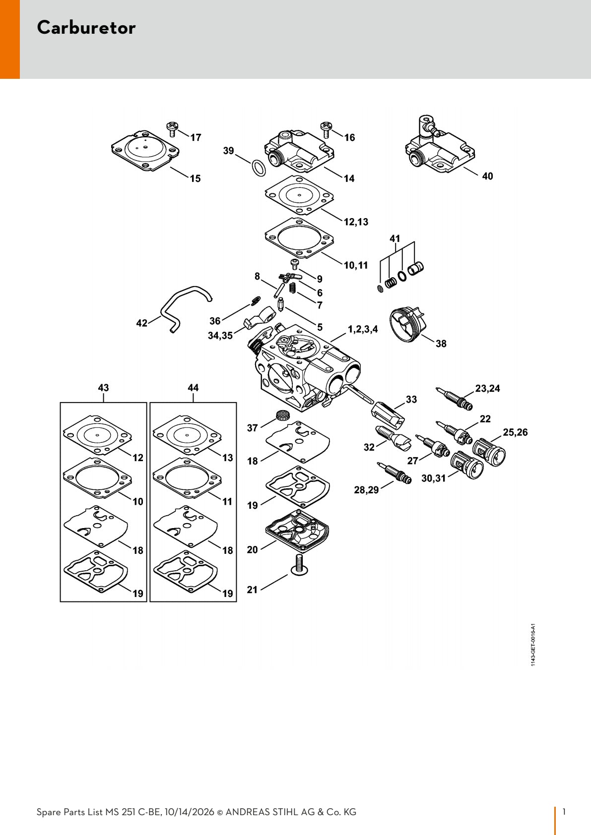 Stihl Carburetor Assembly 1143 120 0641 (1143/39) for MS 251 C-BE, MS 231 C-BE