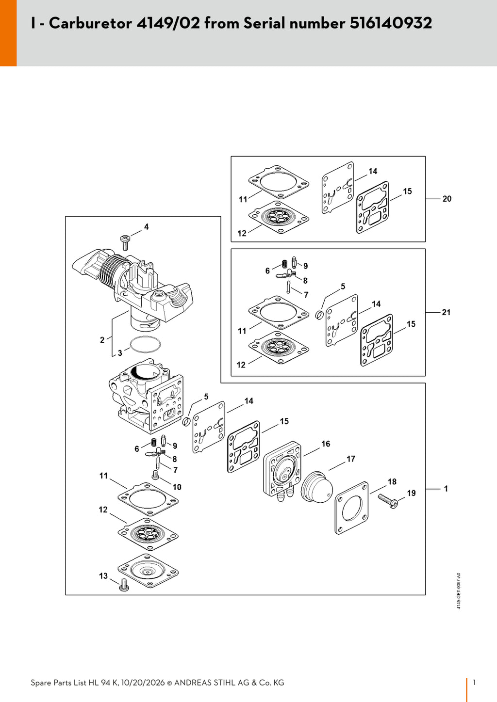 Stihl Carburetor Assembly 4149 120 0602 | HL 91 K, FS 94 R, HL 94 K, KM 94 R, HL 94 | 4149/02