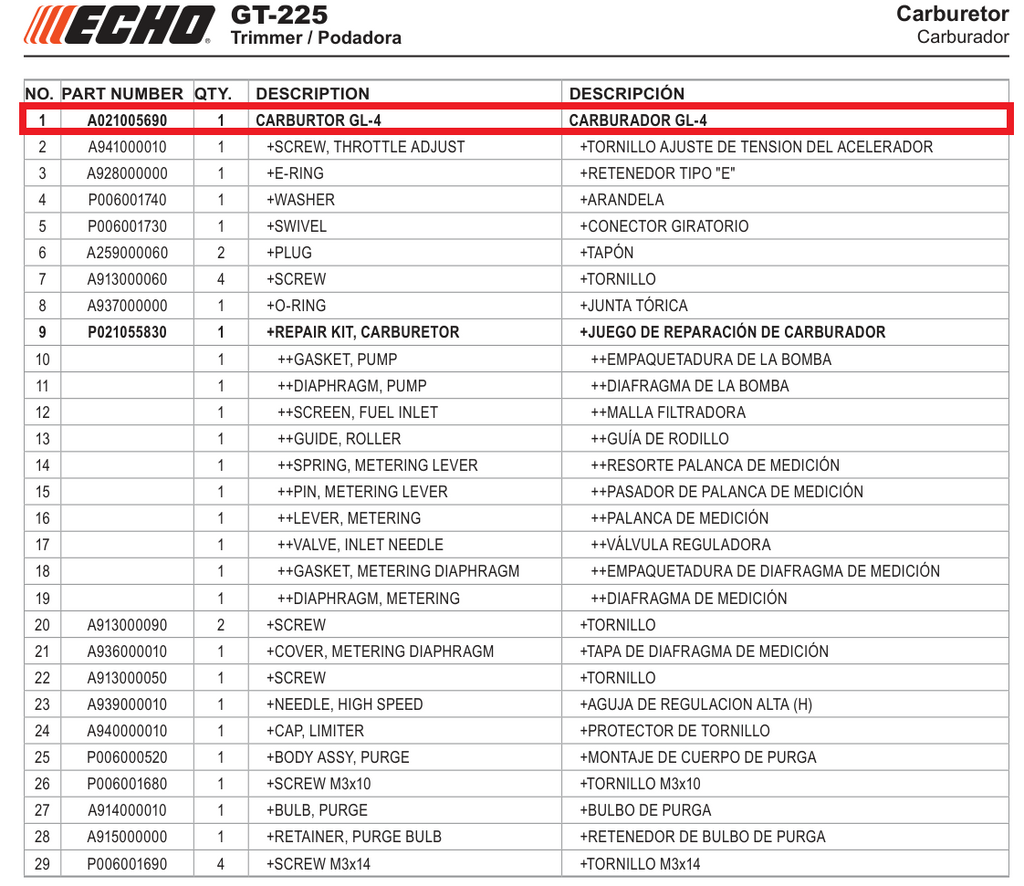 Echo Carburetor Assembly | A021005690 | Fits GT-225, PAS-225, PE-255, SRM-2120