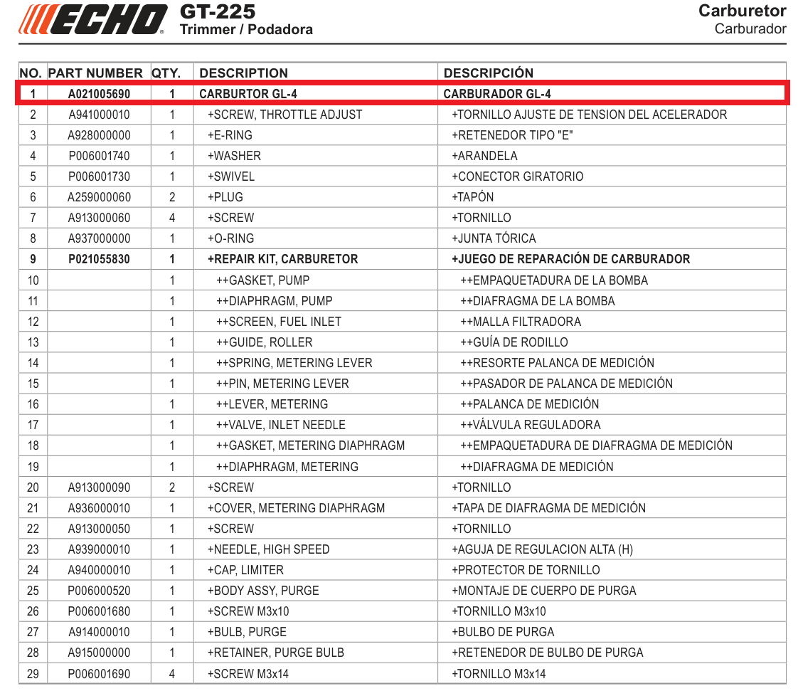 Echo Carburetor Assembly | A021005690 | Fits GT-225, PAS-225, PE-255, SRM-2120