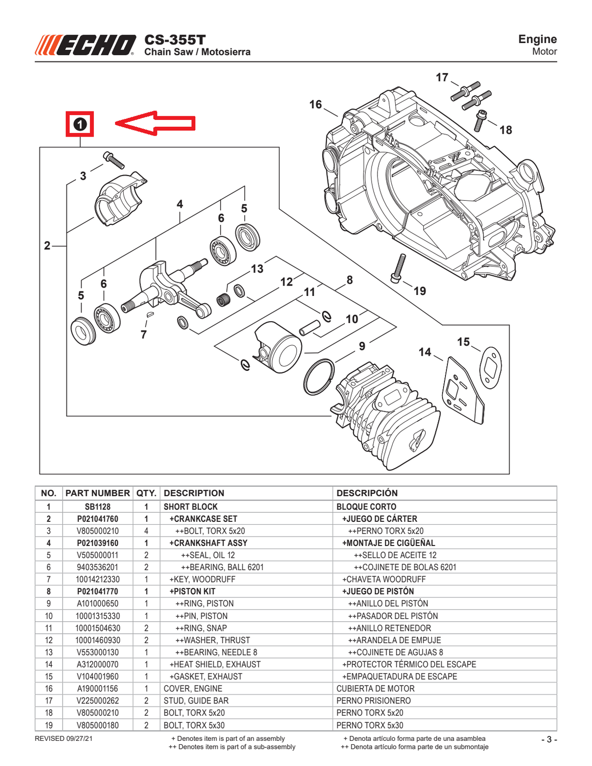 Echo Short Block Assembly SB1128 | Fits CS-355T, Shindaiwa 358Ts
