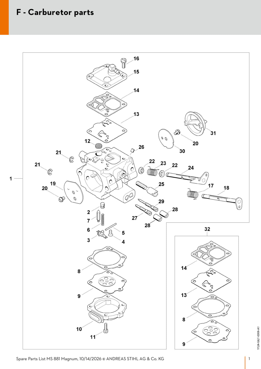 Stihl Carburetor Assembly | MS 881-R, MS 881 | 1124 120 0614 | WG-14